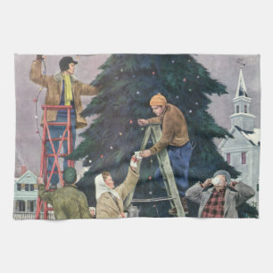 Vintage Christmas, Family Stringing Lights on Tree Tea Towel