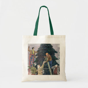 Vintage Christmas, Family Stringing Lights on Tree Tote Bag