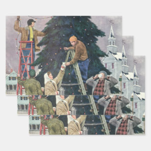 Vintage Christmas, Family Stringing Lights on Tree Wrapping Paper Sheet