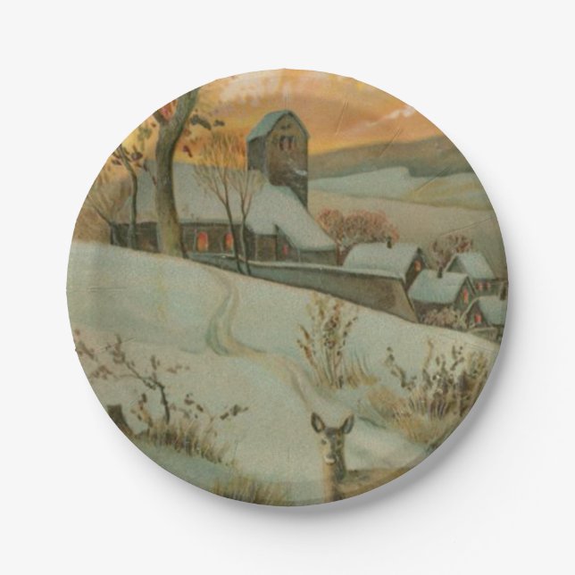 Vintage Christmas Farm with Deer Paper Plate (Front)