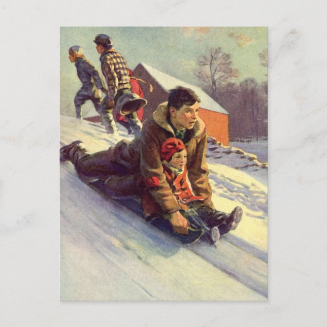 Vintage Christmas, Father and Daughter Sledding Holiday Postcard (Front)