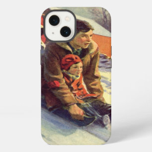 Vintage Christmas, Father and Daughter Sledding iPhone Case