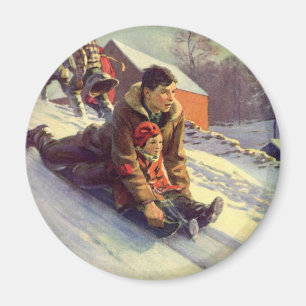 Vintage Christmas, Father and Daughter Sledding Magnet