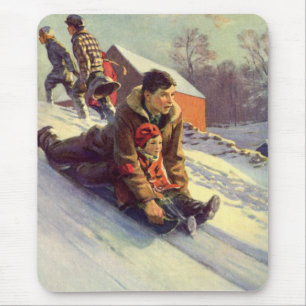 Vintage Christmas, Father and Daughter Sledding Mouse Pad