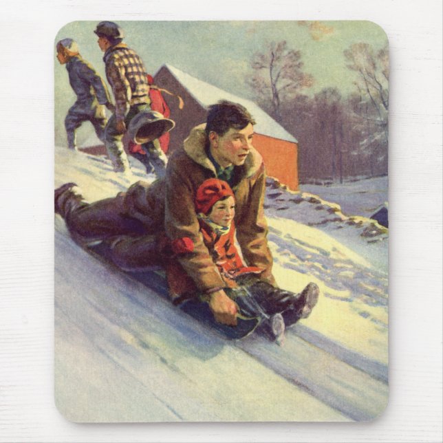 Vintage Christmas, Father and Daughter Sledding Mouse Pad (Front)