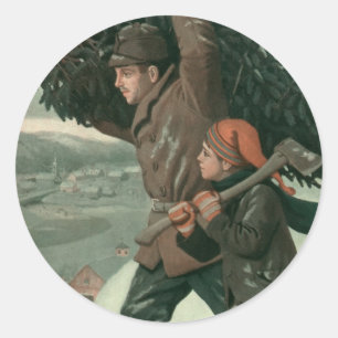 Vintage Christmas, Father and Son Cut Down a Tree Classic Round Sticker