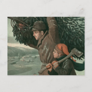 Vintage Christmas, Father and Son Cut Down a Tree Holiday Postcard