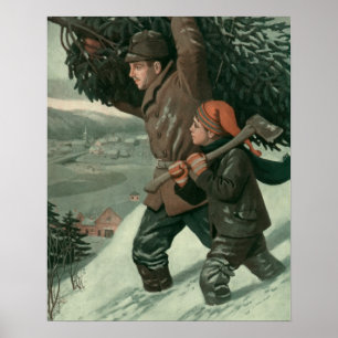Vintage Christmas, Father and Son Cut Down a Tree Poster