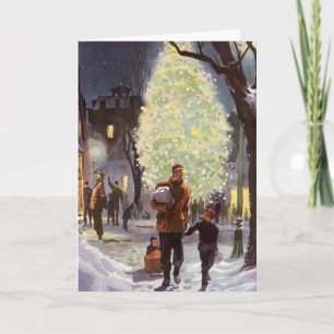 Vintage Christmas, Father Shopping with the Kids Holiday Card