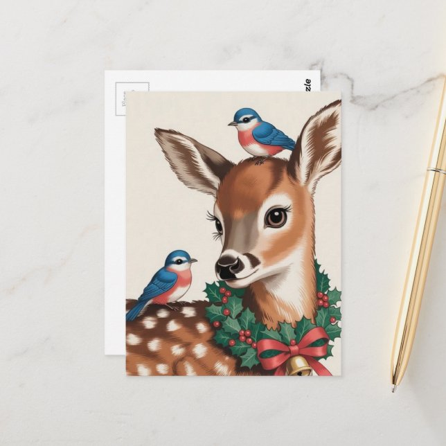 Vintage Christmas Fawn Postcard (Front/Back In Situ)