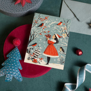 Vintage Christmas Festive Girl Winter Birds Xmas Holiday Card