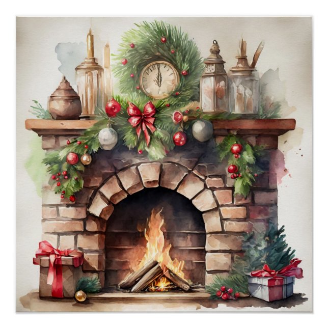 Vintage Christmas Fireplace with Decorations  (Front)