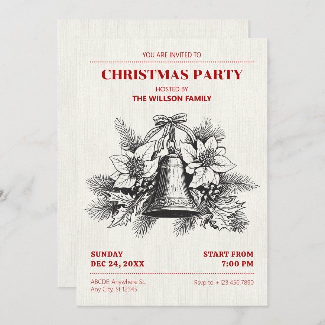 Vintage Christmas floral bells  Invitation (Front/Back)