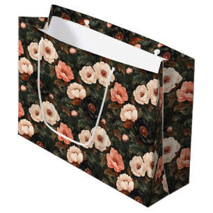 Vintage Christmas Floral Peony Pink & Dark Green Large Gift Bag