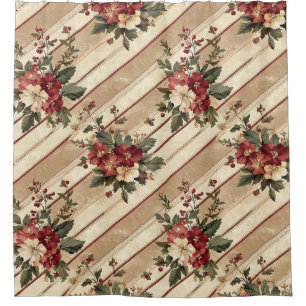 Vintage Christmas Floral Striped (2) Shower Curtain