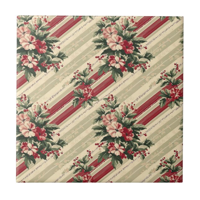 Vintage Christmas Floral Striped (4) Ceramic Tile (Front)