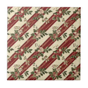 Vintage Christmas Floral Striped (5) Ceramic Tile