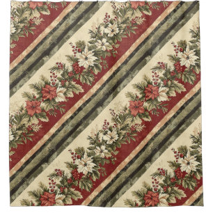 Vintage Christmas Floral Striped (8) Shower Curtain