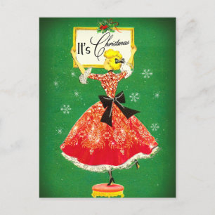 Vintage Christmas frame green red glitter girl Postcard