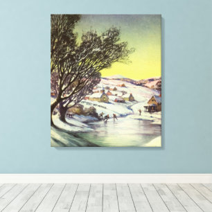 Vintage Christmas, Frozen Lake with Ice Skaters Canvas Print