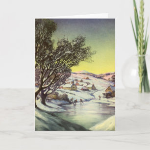 Vintage Christmas,  Frozen Lake with Ice Skaters Holiday Card