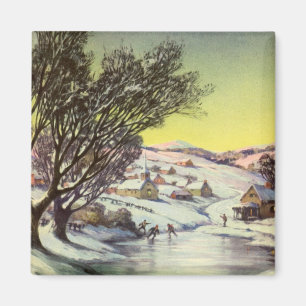 Vintage Christmas,  Frozen Lake with Ice Skaters Magnet