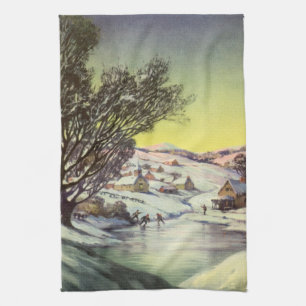 Vintage Christmas, Frozen Lake with Ice Skaters Tea Towel