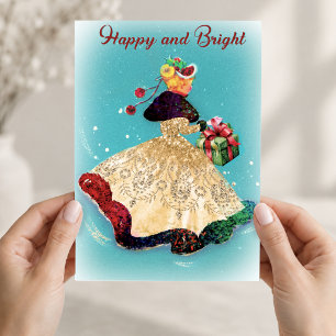 Vintage Christmas gift box gold glitter girl Holiday Card