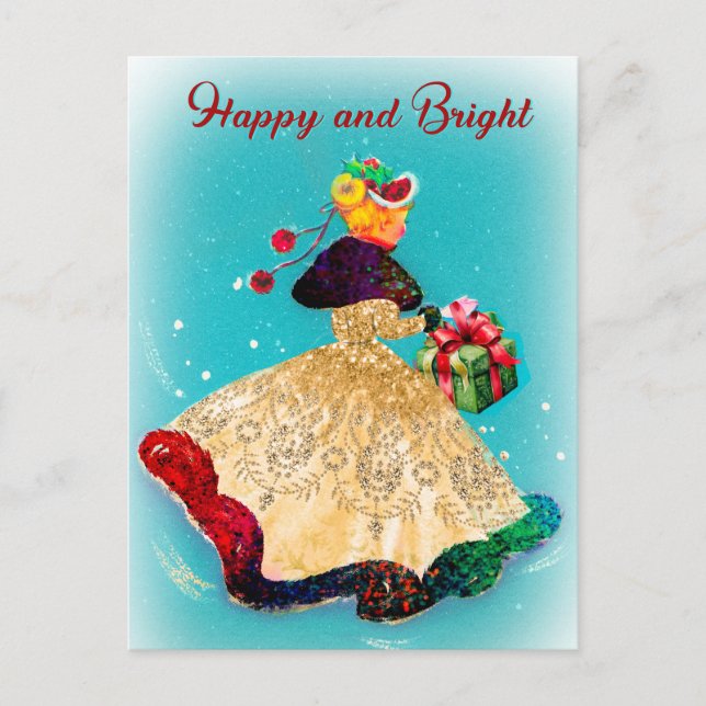 Vintage Christmas gift box gold glitter girl  Postcard (Front)
