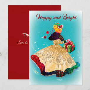 Vintage Christmas gift box gold glitter girl  Thank You Card