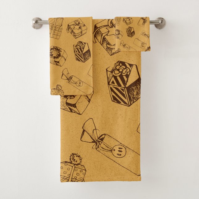 vintage christmas  gift box pattern bath towel set (Insitu)