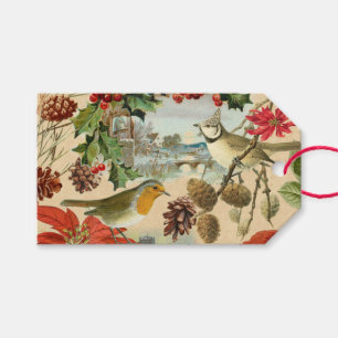 Vintage Christmas gift tags w/ birds and flowers