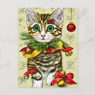 Vintage Christmas Ginger Cat and Bauble  Holiday Postcard