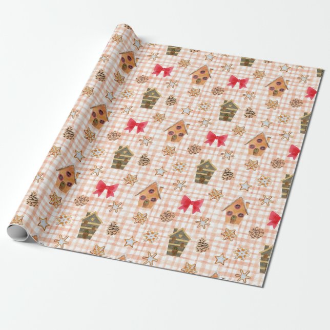 Vintage Christmas Gingham Pattern Wrapping Paper (Unrolled)