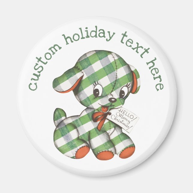 Vintage Christmas Gingham Puppy Dog Stuffed Animal Magnet (Front)