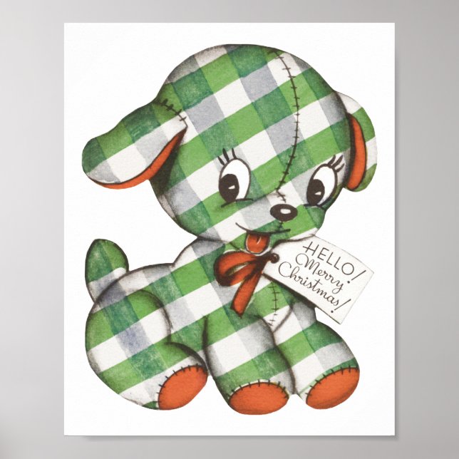 Vintage Christmas Gingham Puppy Dog Stuffed Animal Poster (Front)