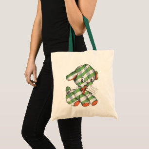 Vintage Christmas Gingham Puppy Dog Stuffed Animal Tote Bag