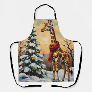Vintage Christmas Giraffe in Snowy Savanna Apron