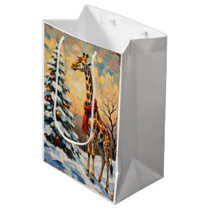Vintage Christmas Giraffe in Snowy Savanna Medium Gift Bag
