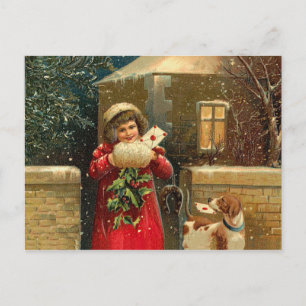 Vintage Christmas girl and dog Holiday Postcard