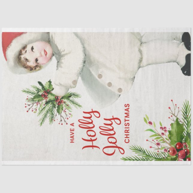 Vintage Christmas Girl and Holly Decoupage Tissue Paper (Front)