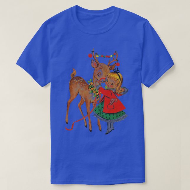 Vintage Christmas Girl and Reindeer T-Shirt (Design Front)