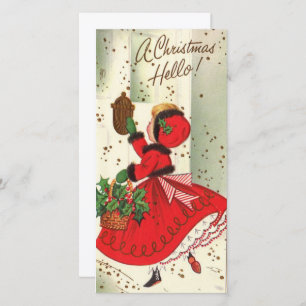 Vintage Christmas Girl At Doorstep Holiday Card