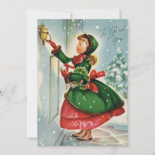 Vintage Christmas Girl Coming To Greet You Holiday Card