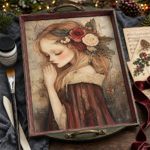 Vintage Christmas Girl Floral & Holly Decoupage Tissue Paper