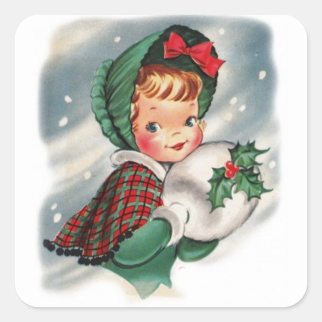 Vintage Christmas Girl Holding Holly Square Sticker (Front)