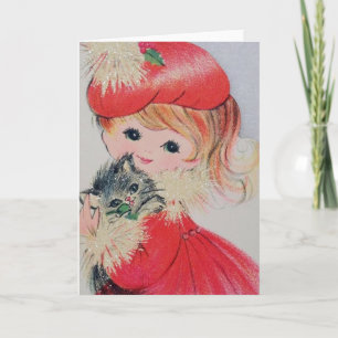 Vintage Christmas Girl Holding Kitty Holiday Card