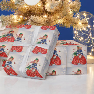 Vintage Christmas Girl In Dress Wrapping Paper
