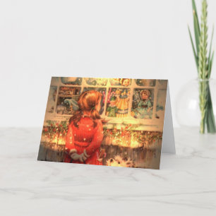 Vintage Christmas Girl Looking In Window Holiday Card