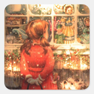 Vintage Christmas Girl Looking In Window Square Sticker